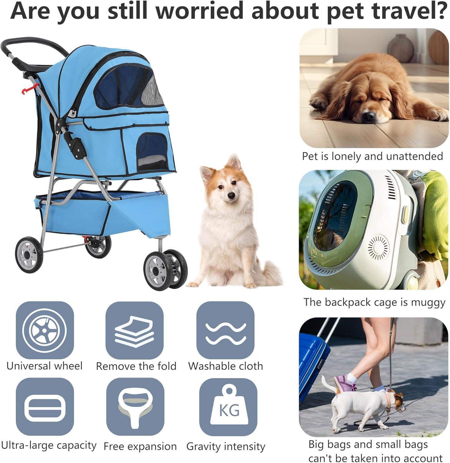 ToccoLeggero Pet Stroller Foldable Dog Stroller 3-Wheel Durable Cat Jogger Stroller For Small And Medium Dogs Cats With Washable Liner Storage Basket Cup Holder