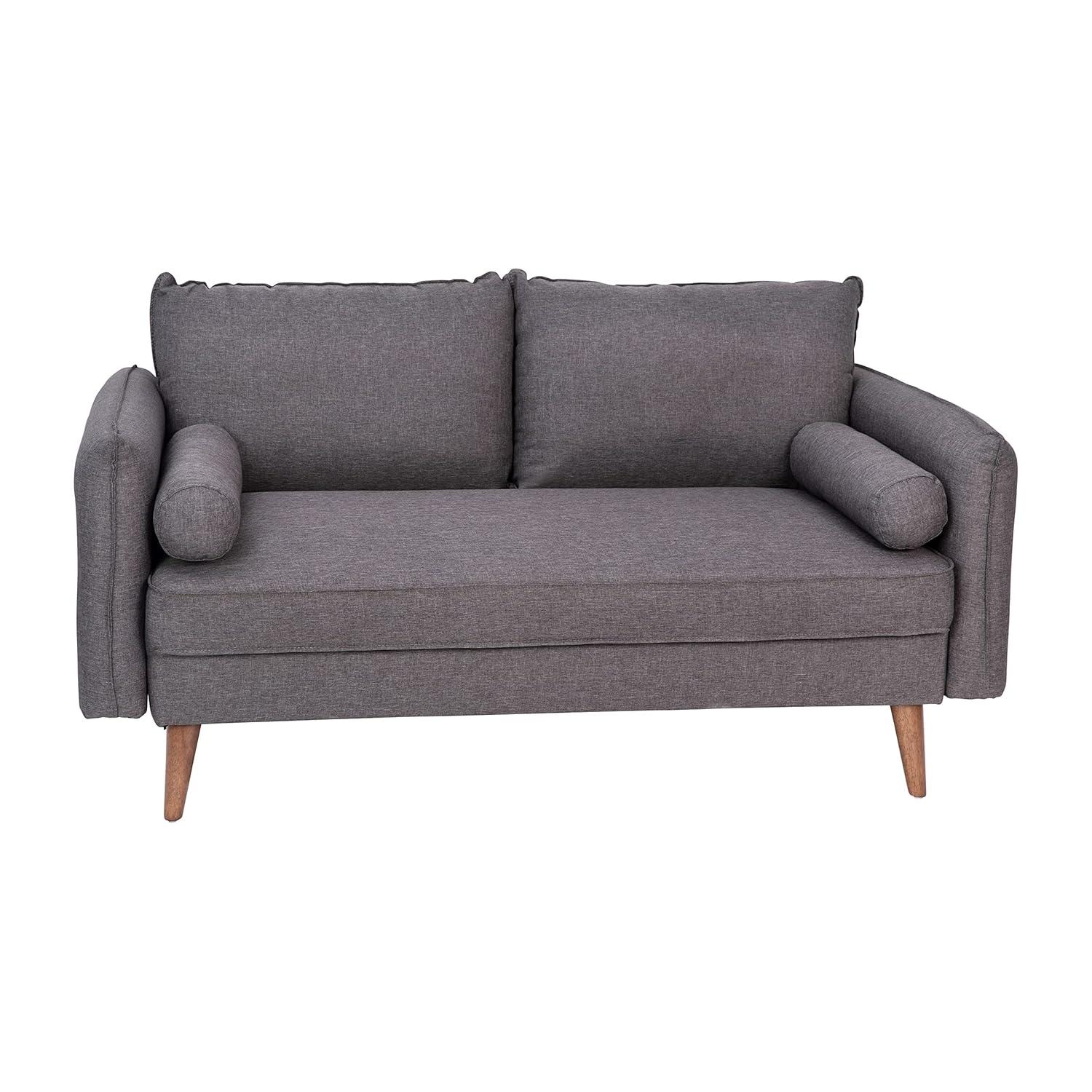 Flash Furniture Evie Mid-Century Modern Loveseat Sofa with Faux Linen Fabric Upholstery & Solid Wood Legs in Stone Gray