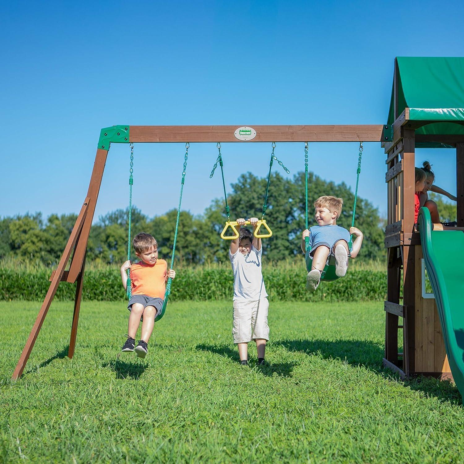 Backyard Discovery Backyard Discovery Lakewood Cedar Wood Swing Set with Wave Slide, Clubhouse, Playhouse, and Snack Bar Window