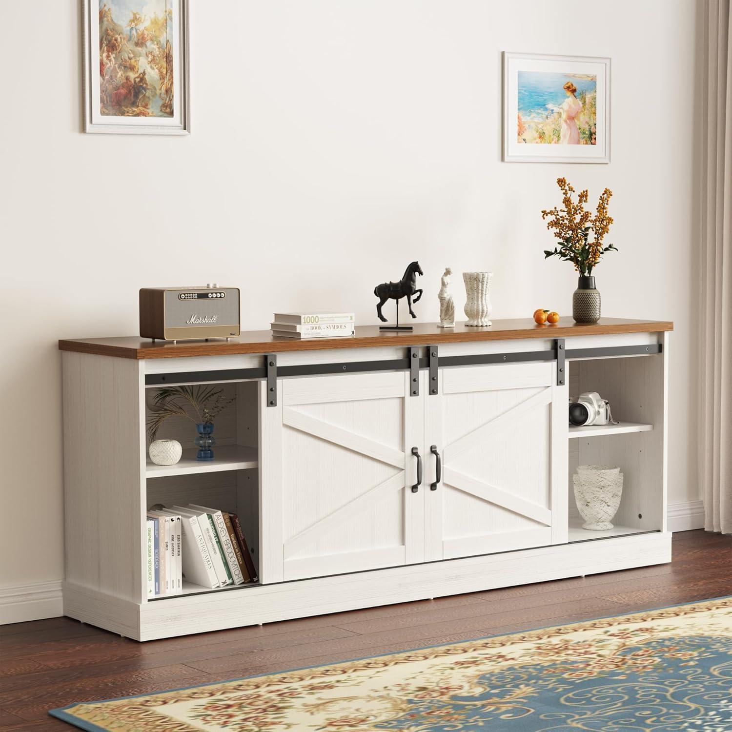 Kullavik Farmhouse TV Stand for Televisions up to 75 Inchs,Entertainment Center with Sliding Barn Doors and Storage Cabinets,Modern Media TV Console Table for Living Room,Bright White