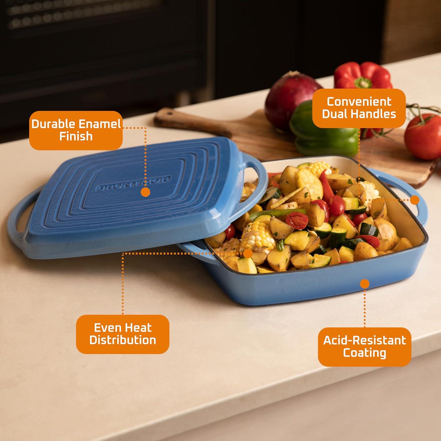 Bruntmor 2-in-1 Pre-seasoned Square Cast Iron Dutch Oven With Dual Handles, Blue