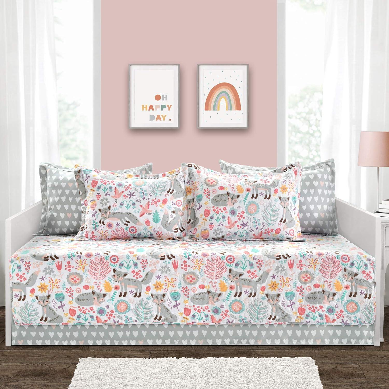 Gray and Pink Fox Print 6-Piece Toddler Daybed Set