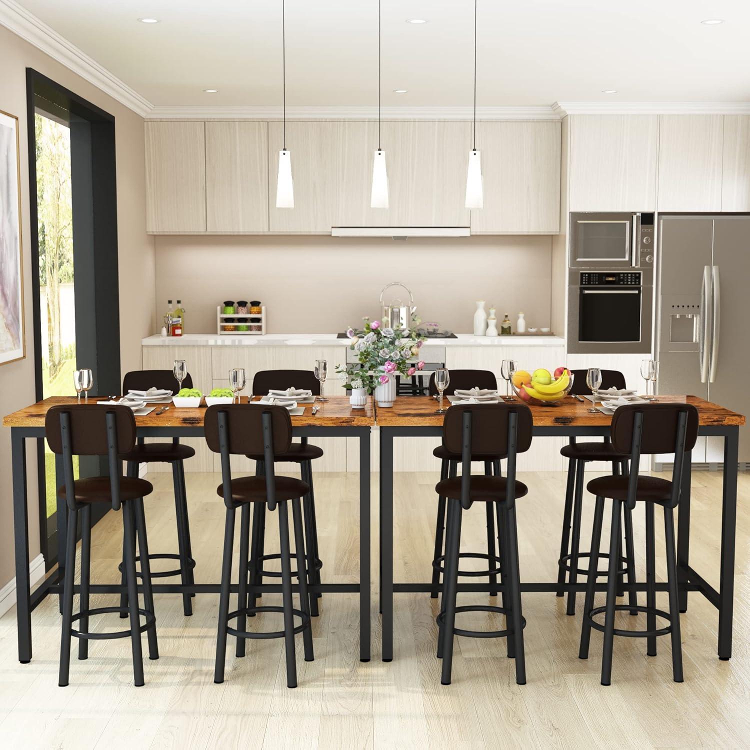 Rustic Brown Industrial Pub Table Set with 4 PU Upholstered Stools