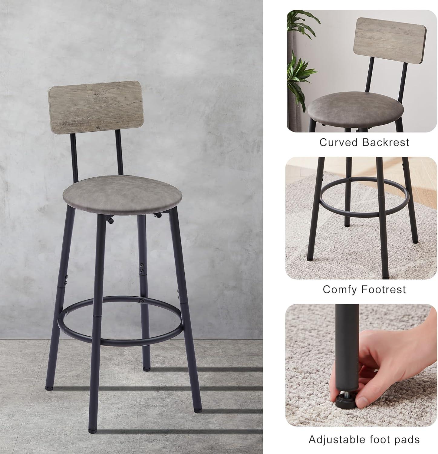 Bar Table and Chairs Set, 3-Piece Small High Top Table and 2 Stools with PU Soft Seat and Backrest, Square Dining Table Set for Small Space Apartment, Grey,23.62'' W x 23.62'' D x 35.43'' H