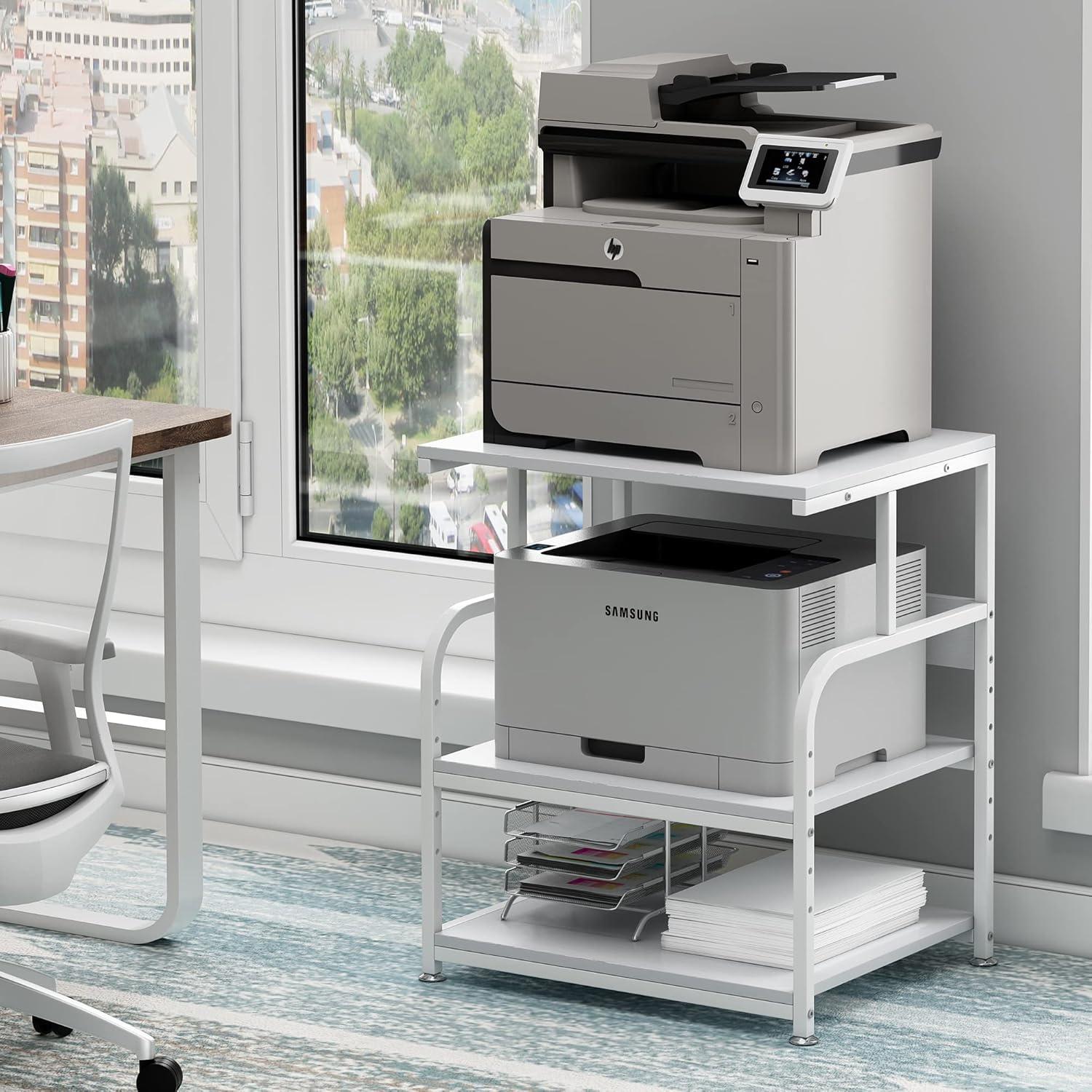 Printer Table, 23.6 x18.9 x 29.5 Inches Large Printer Stand with Height Adjustable Storage Shelf, 3 Tier Rolling Printer Cart Furniture with Wheels for Home Office, White & Black