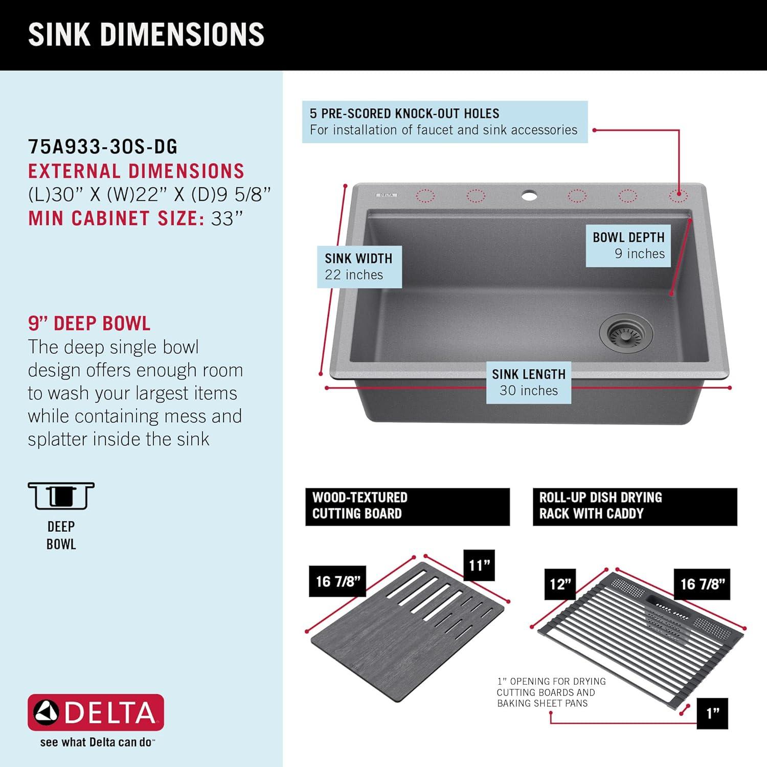 DELTA Everest™ 30" L Granite Composite Workstation Kitchen Sink Drop-In Top Mount Single Bowl with WorkFlow™ Ledge