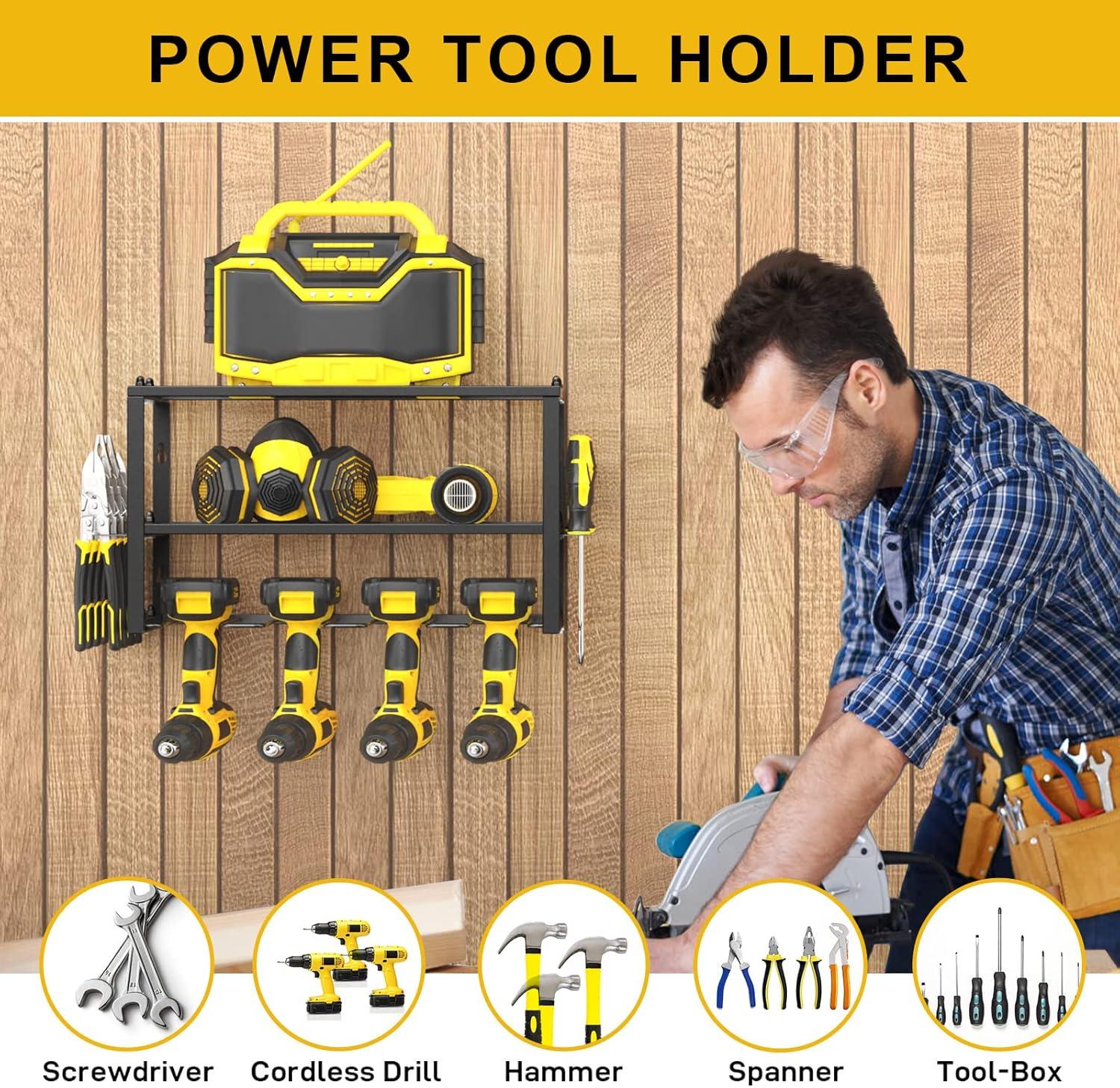 Spacecare Power Tool Organizer- Power Drill Tool Holder- Heavy Duty Tool Shelf & 1 Pack 3 Layers Tool Rack Cordless Drill Holder- Floating Tool Shelf Wall Mounted Tool Storage Rack for 4 Drill Holders