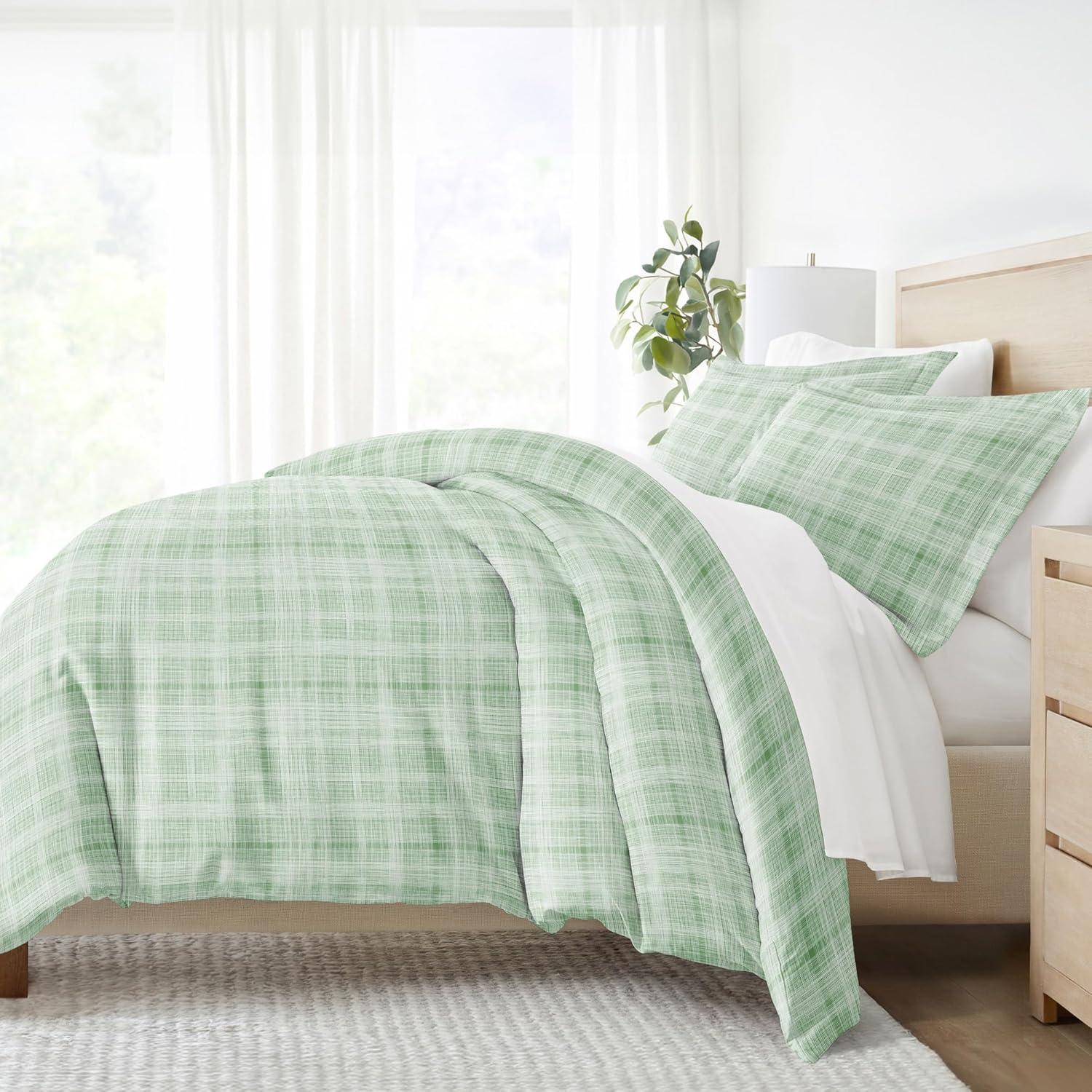 Green Plaid Microfiber Twin Duvet Cover Set with Sham