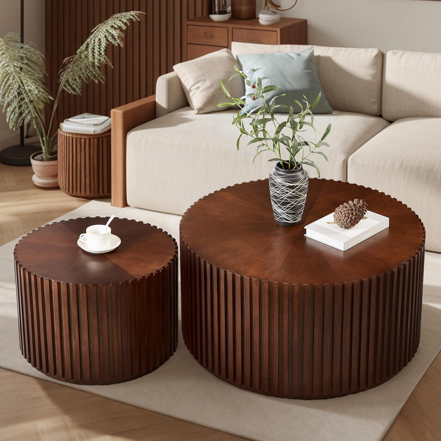 Handcrafted Deep Brown Round MDF Coffee Table Set of 2