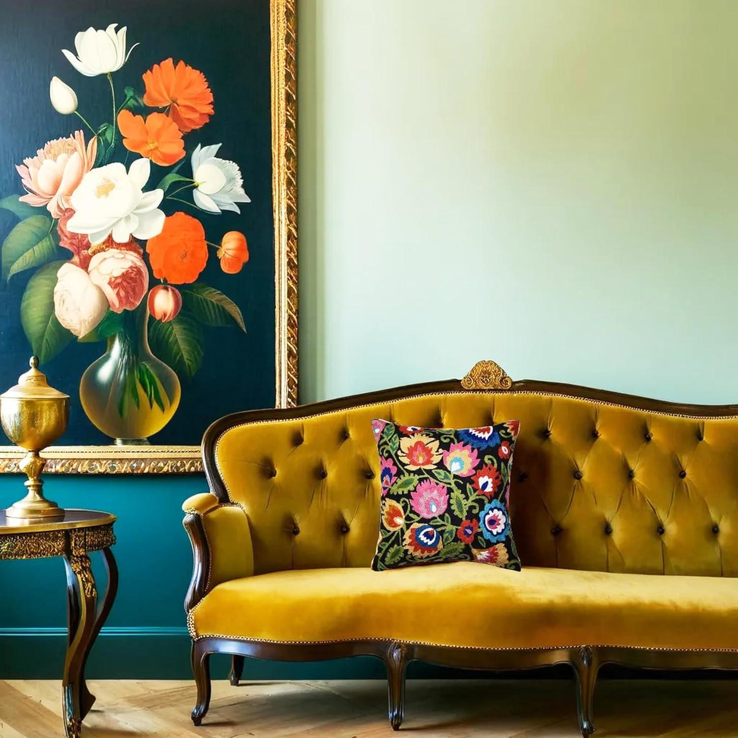 Modern Cream Decorative Floral Pillow Cover Needlepoint White Flower Hand Embroidered Pillowcase Flowery Outdoor Suzani Accent Cushion Boho Chair Modern Chair Pillowsham Wool Size 18x18