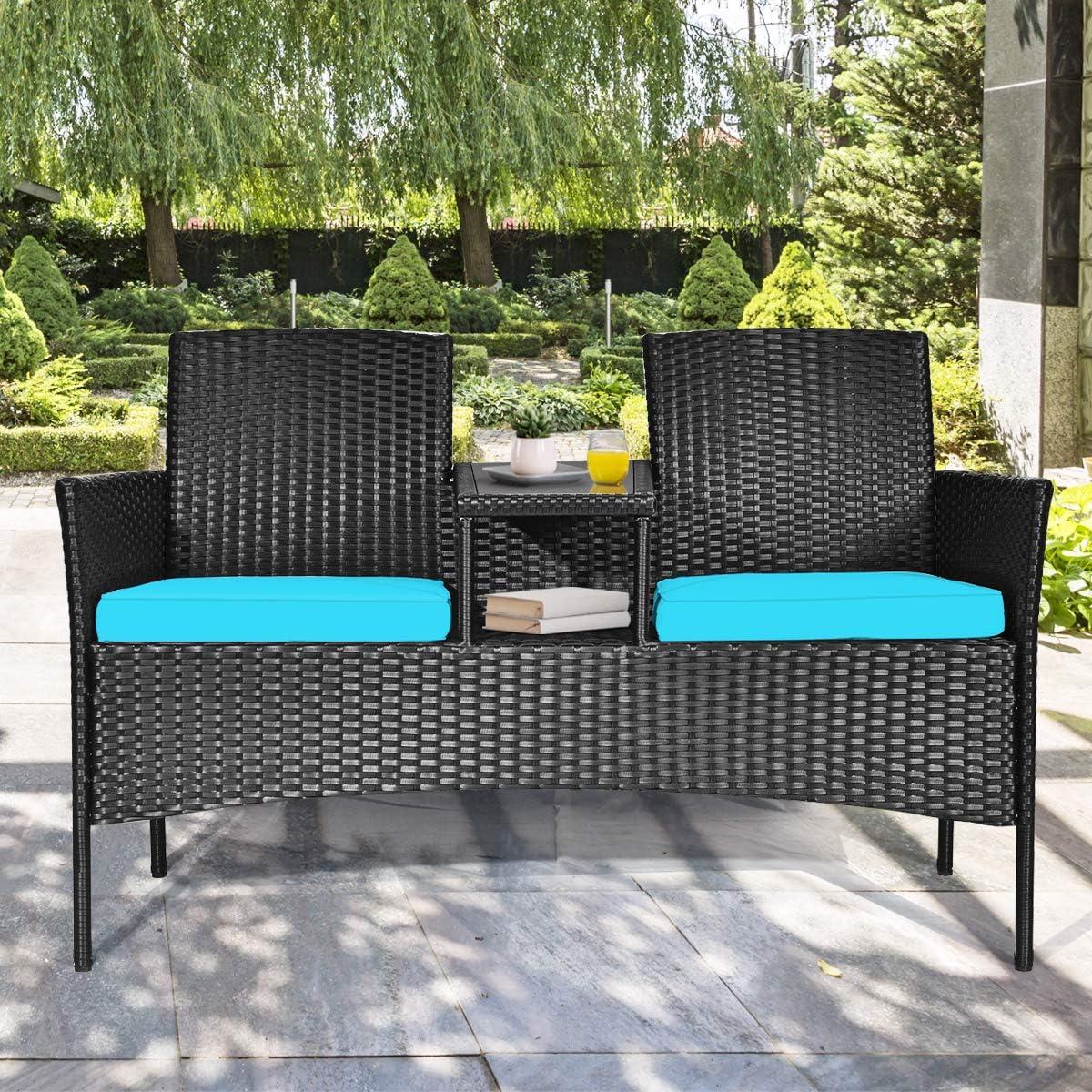 Resenkos Wicker Patio Conversation Furniture Set with Seat , Balcony Furniture Outdoor Rattan Patio Conversation Set with Removable Cushions and Table-Turquoise