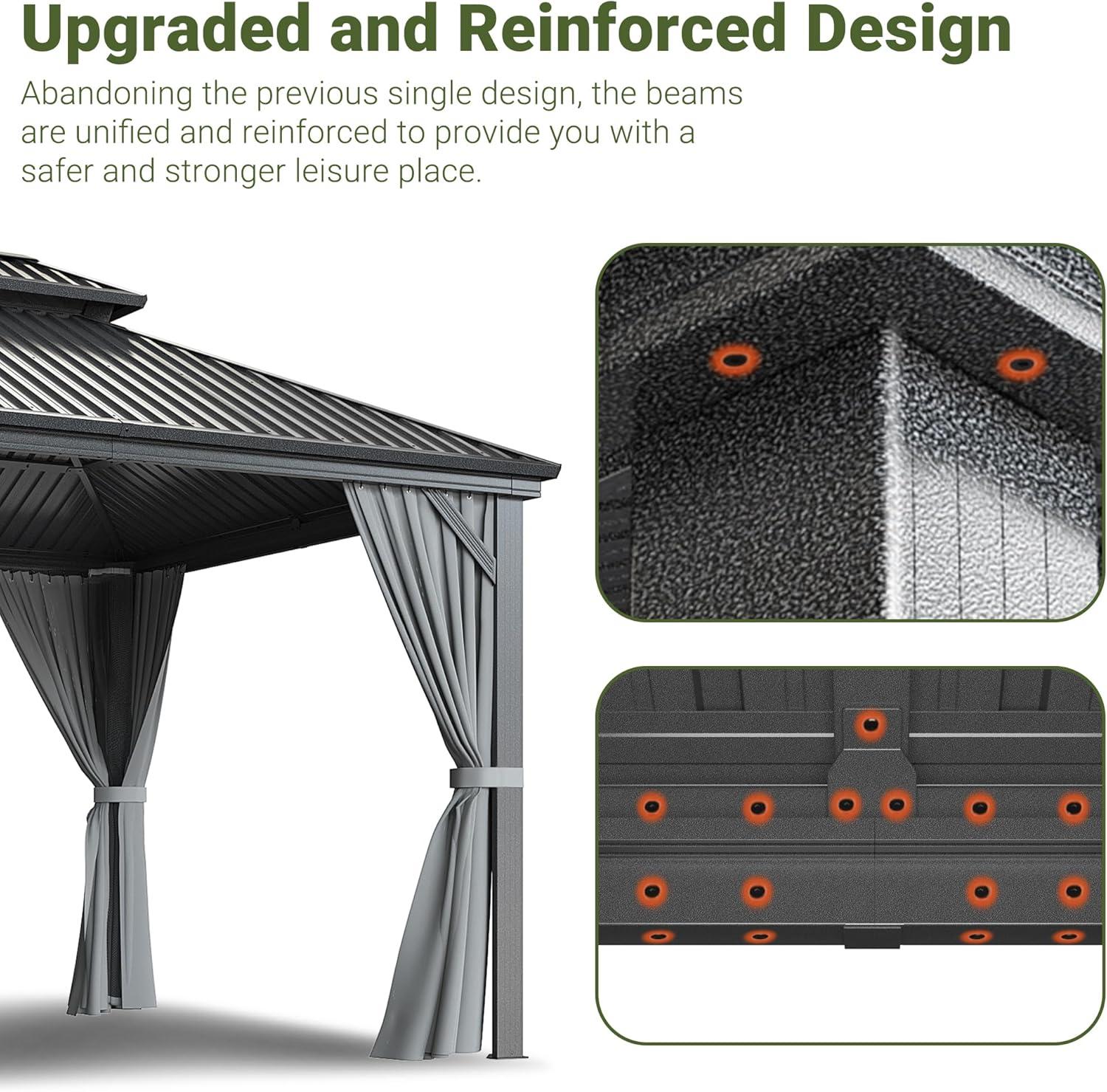 Ulax Furniture 10Ft x 12Ft Patio Hardtop Gazebo Outdoor Aluminum Pergola with Galvanized Steel Double Roof Canopy, Polyester Curtain and Mosquito Net, 10, Brown