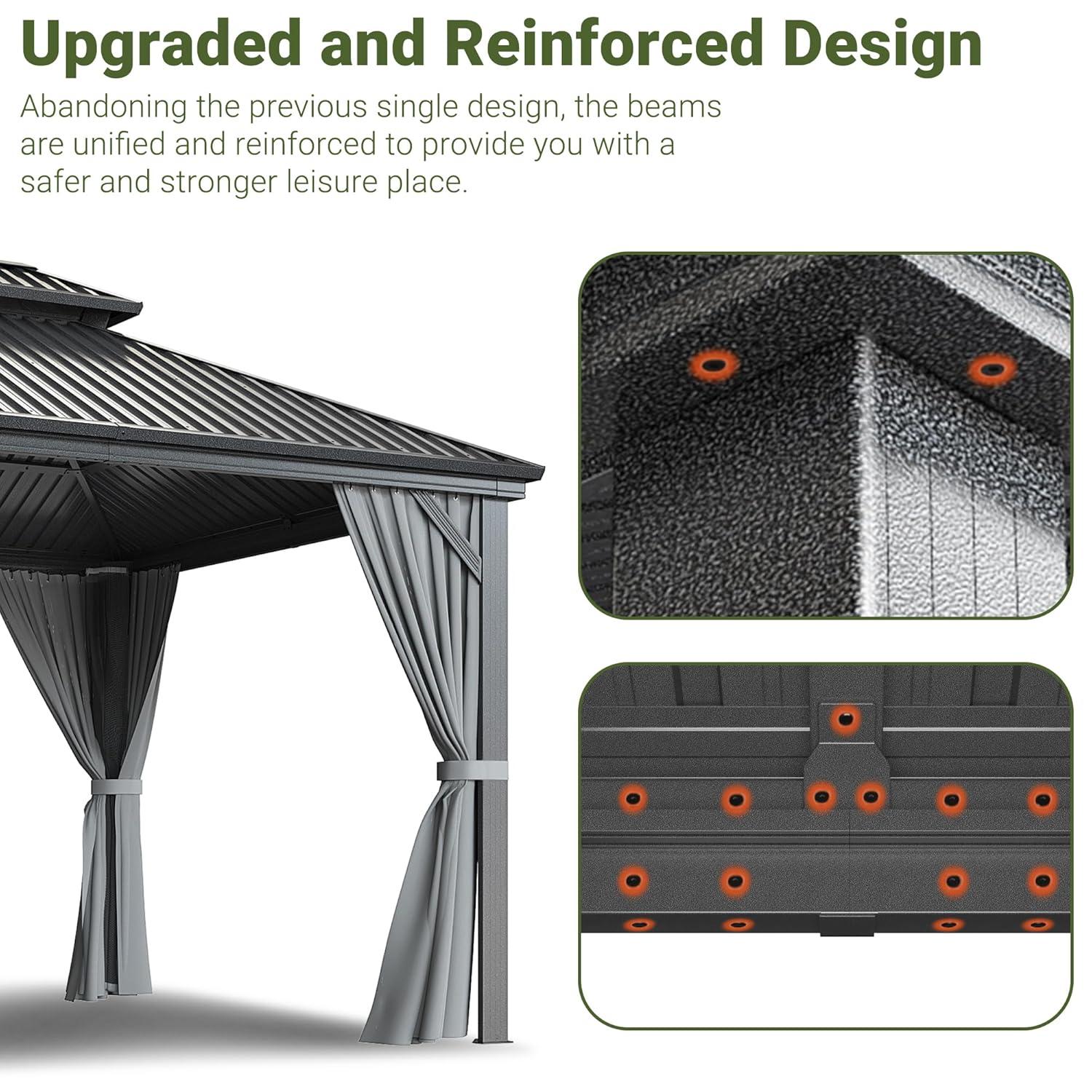 Ulax Furniture 10Ft x 12Ft Patio Hardtop Gazebo Outdoor Aluminum Pergola with Galvanized Steel Double Roof Canopy, Polyester Curtain and Mosquito Net, 10, Brown