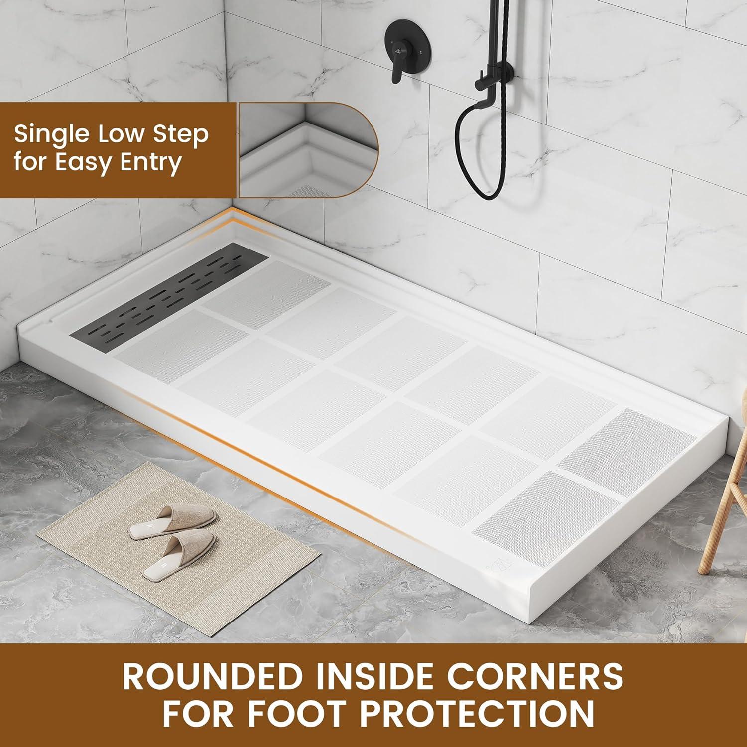 CASAINC 60"W 30/32"D Single Threshold SMC Shower Base Anti-Slip Shower Pan with Drain Assembly & Drain Cover CABR2501WH6030R