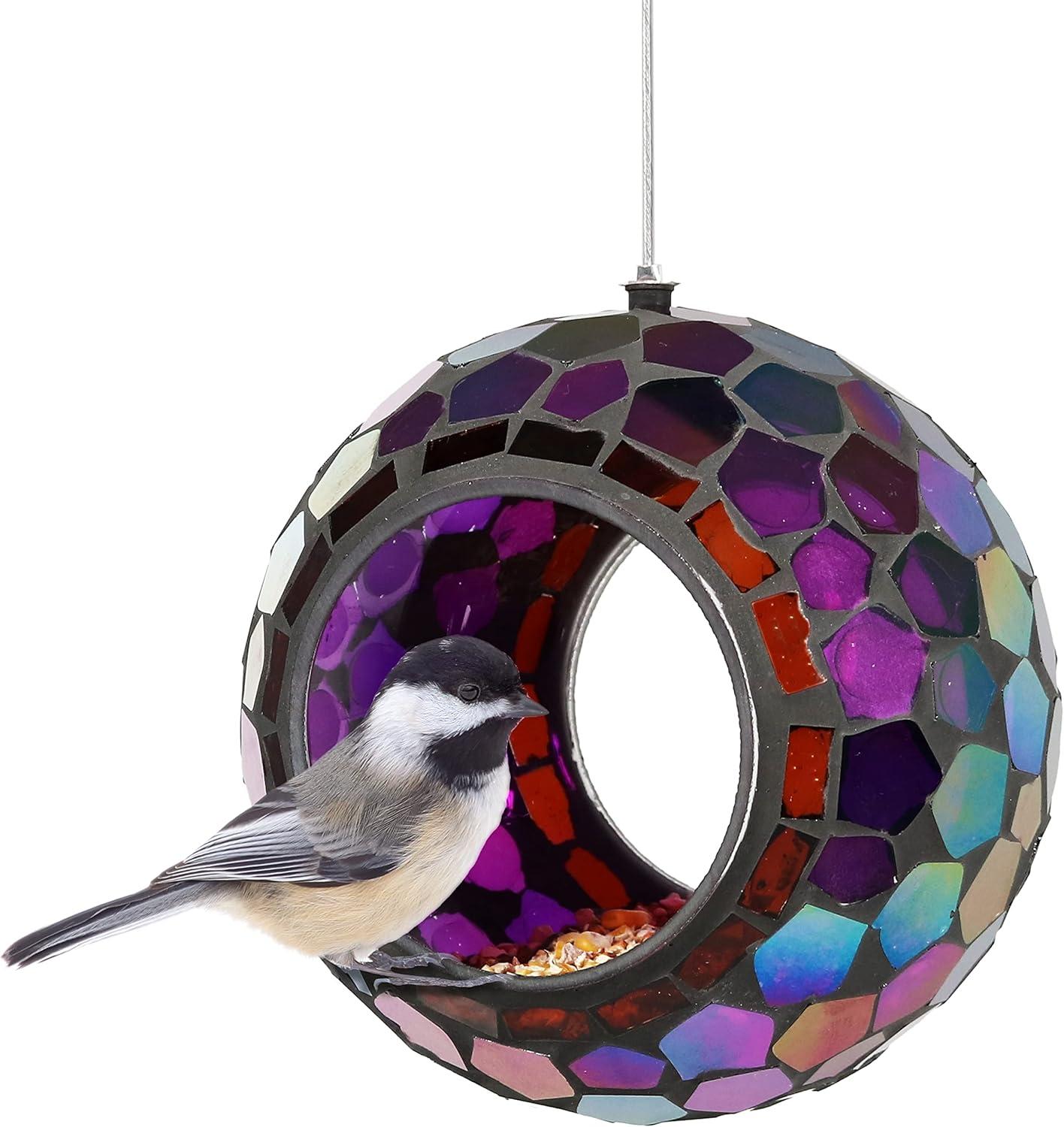 Sunnydaze Outdoor Garden Patio Round Glass with Mosaic Design Hanging Fly-Through Bird Feeder - 7"