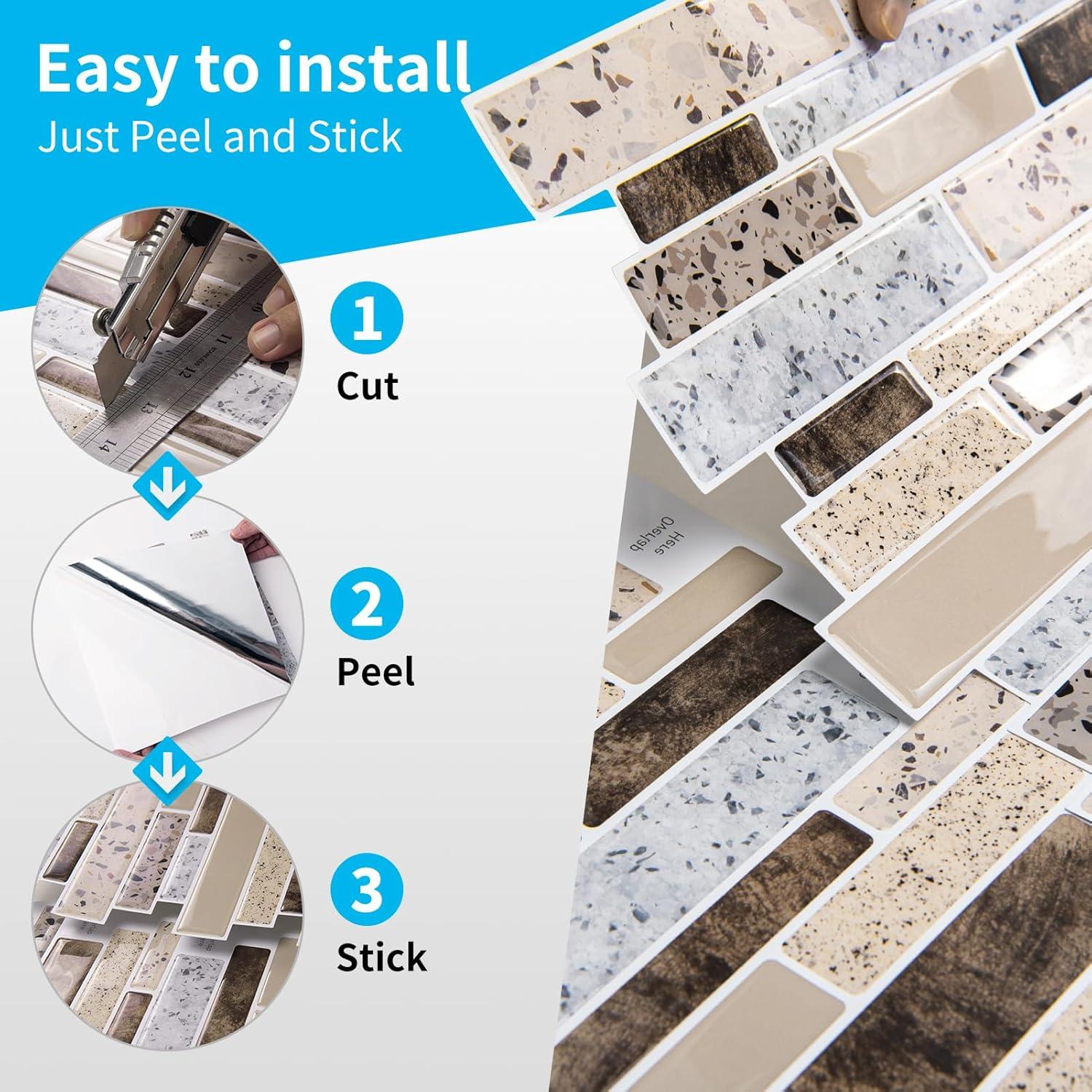 Art3d Peel and Stick Backsplash Tiles for Kitchen, 10-Sheet Stick on Wall Tiles for Kitchen Bathroom Laundry Room Back Splashes, 12 x 12 Inch, Brown Stone Design