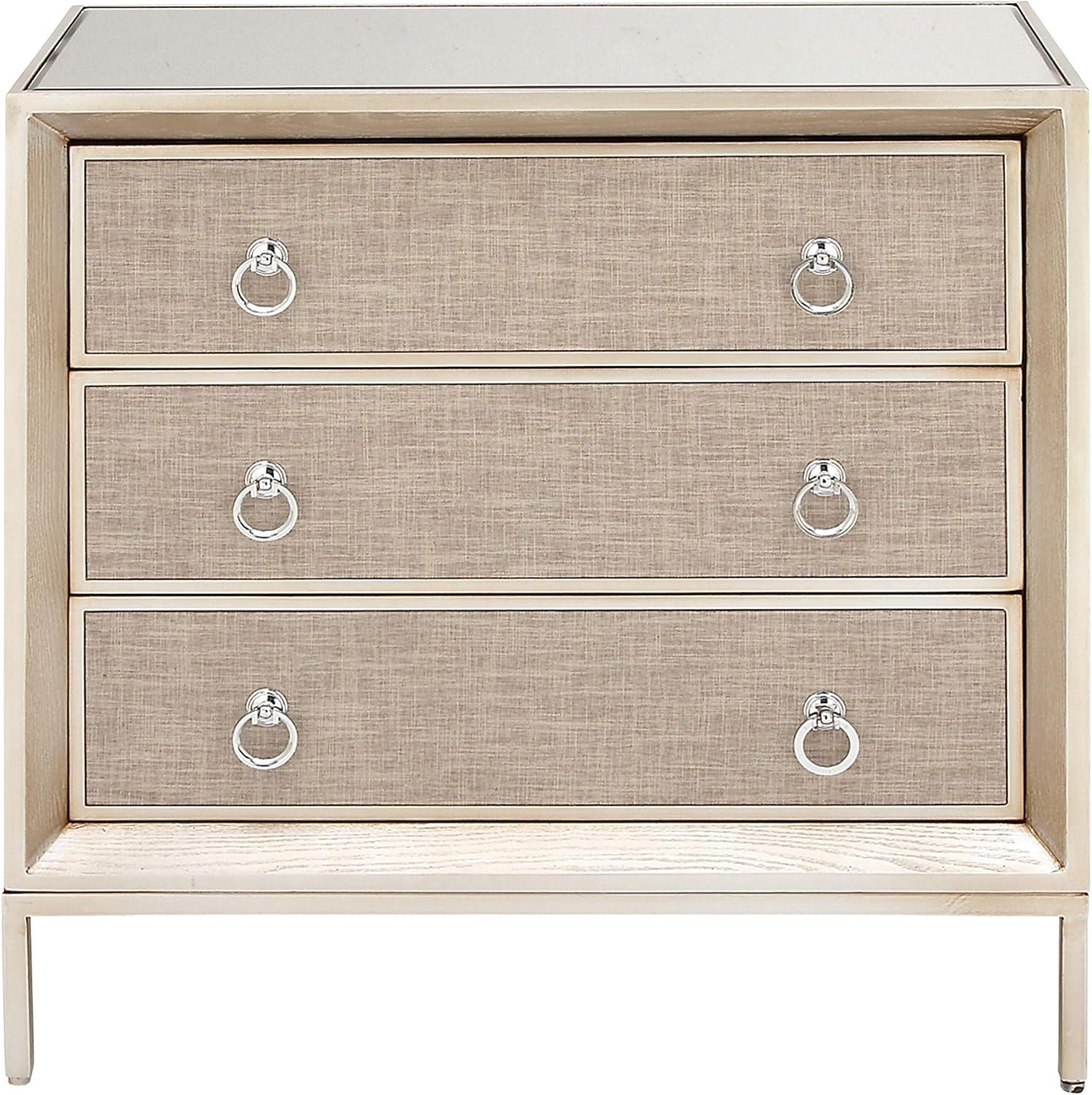 Imboden Wooden Upholstered Front Panel 3 Drawer Room Chest with Mirrored Top and Ring Handles