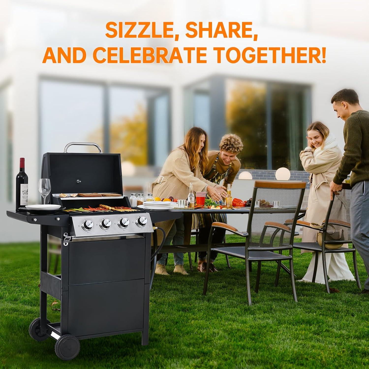 4 Burner Propane Gas Grill, Stainless Steel BBQ Grill 40,000 BTU for Outdoor Cooking Kitchen, Garden and Patio Backyard Barbecue, Black and Silver