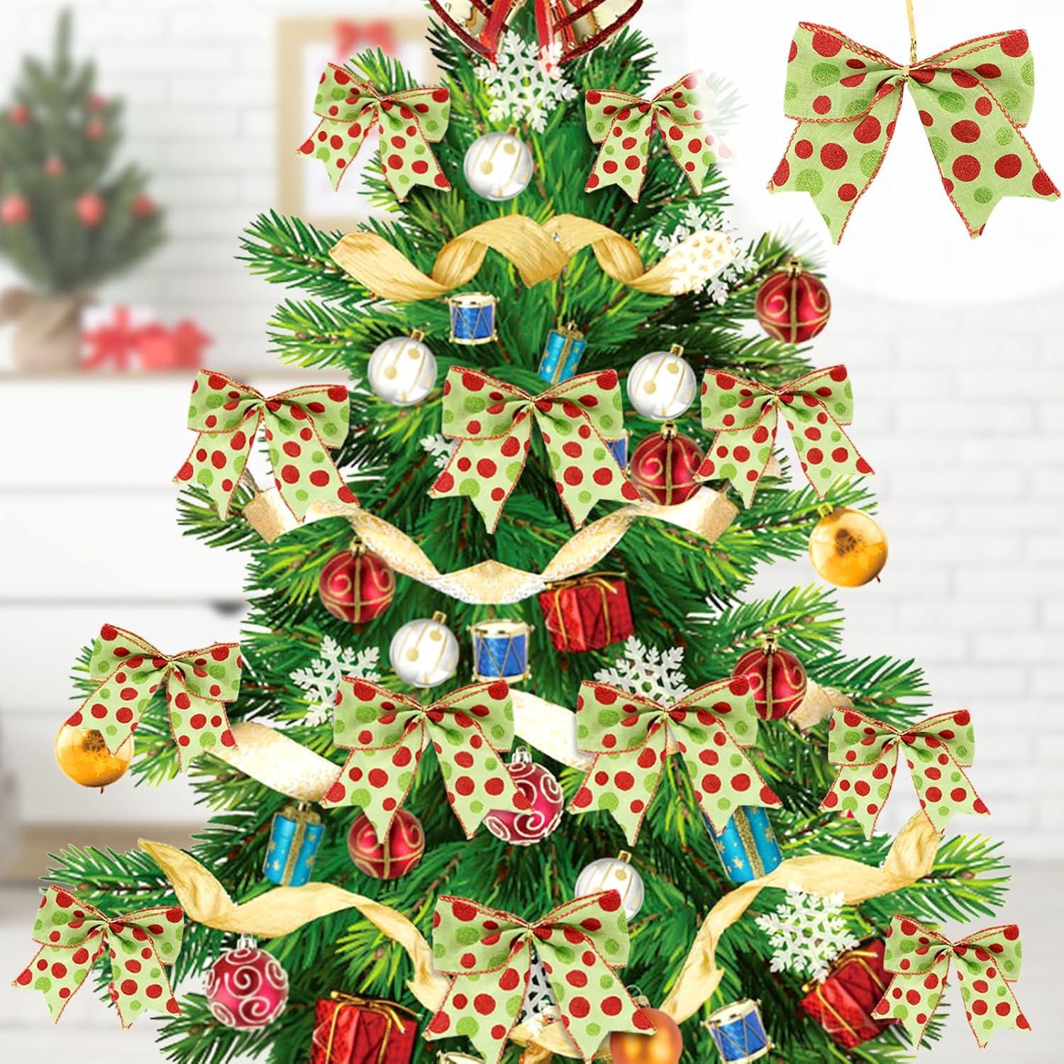 Sandistore Cute Cars 12pcs Christmas Tree Bows Ornaments 6 Inch Large Christmas Wreath Bows Red Green Xmas Tree Bows Christmas Glitter Dot Bows Ribbons Decoration For Garland Diamonds for Crafts