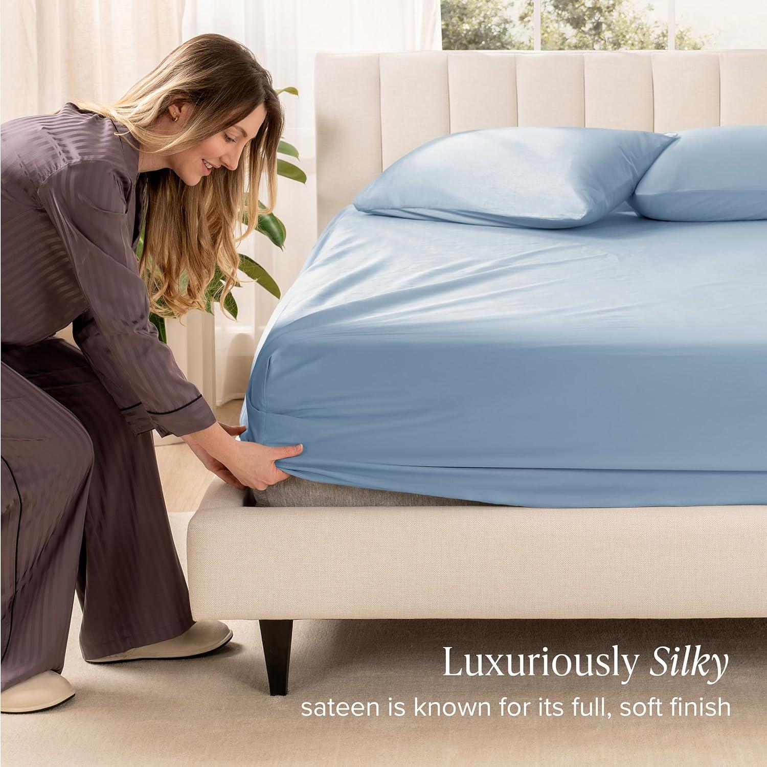 400 Thread Count Organic Cotton Sateen Twin XL Fitted Sheet Dusty Blue by Bare Home