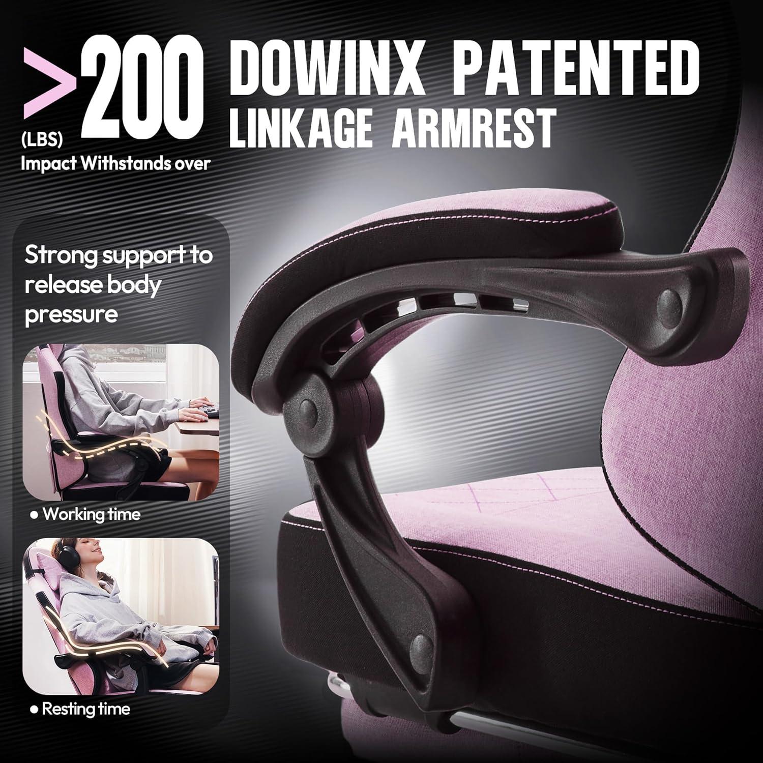 Dowinx Fabric Gaming Chair with Massage Lumbar Support, High Back Ergonomic Computer Chair with Footrest for Adult, Pink