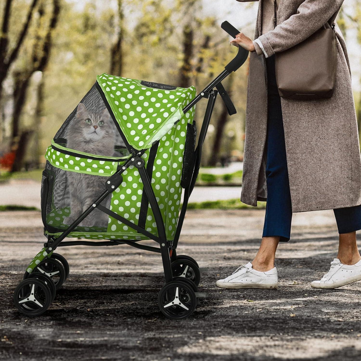 MoNiBloom 4 Wheel Foldable Lightweight Pet Trolley for Cats & Dogs, Lawn Green with White Polka Dots