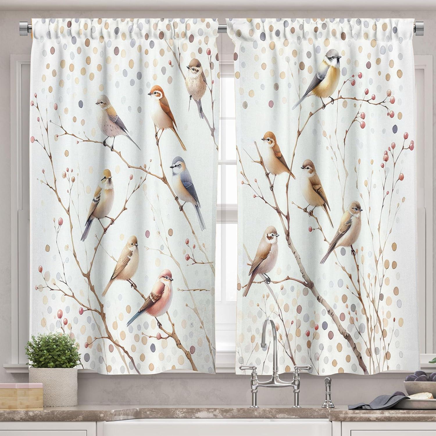 Blue Bird Print Polyester Kitchen Curtain Set