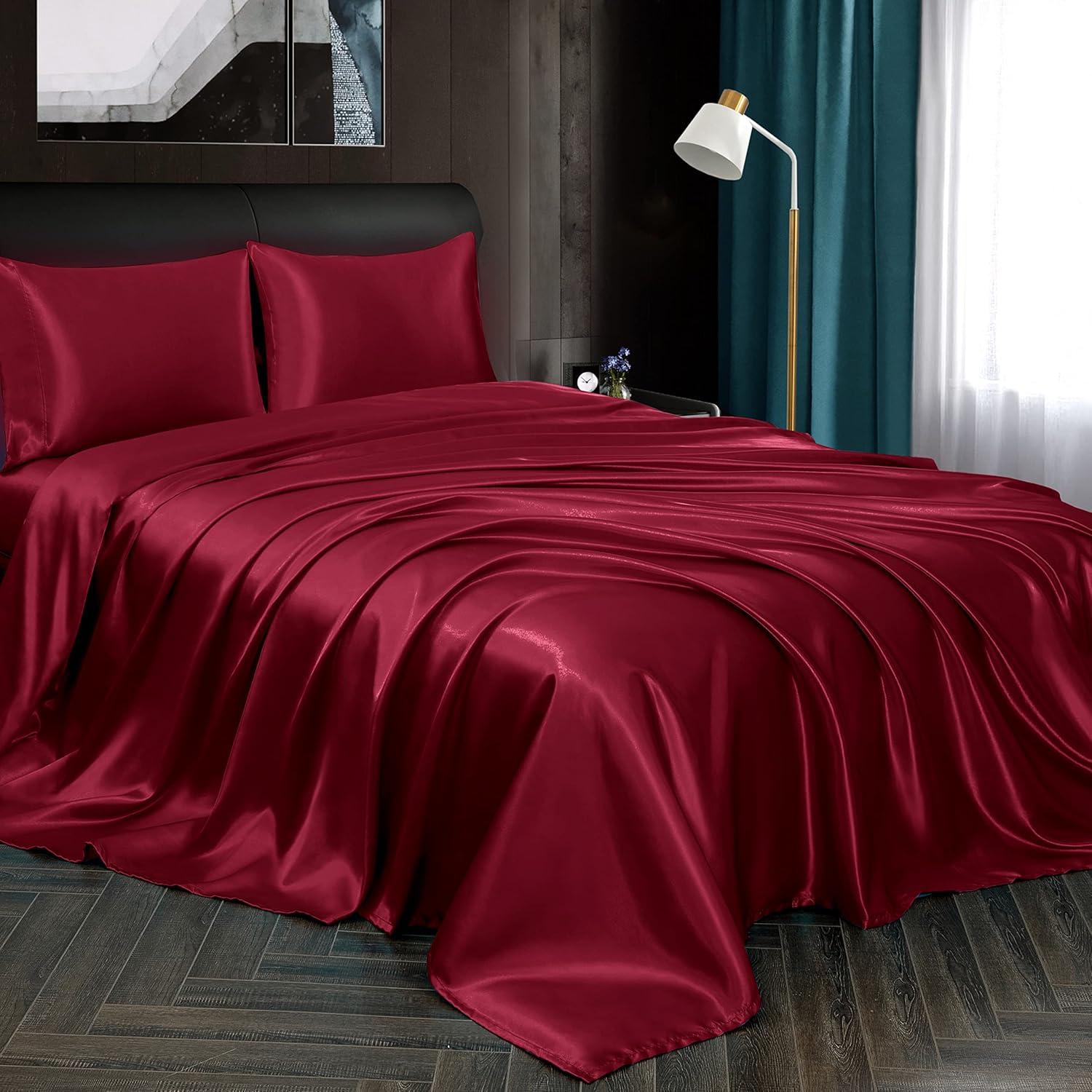 Cloud Fino Luxurious Satin Bed Sheets Burgundy Silk Sheets King 15 " Deep Pocket Pillowcases Sheet, 4-Piece