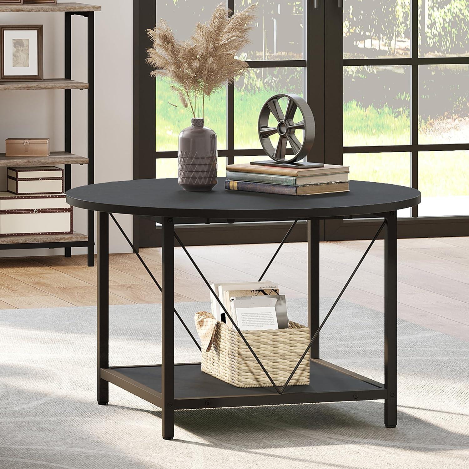 Black Round Wood Coffee Table with Metal Legs and Storage Shelf