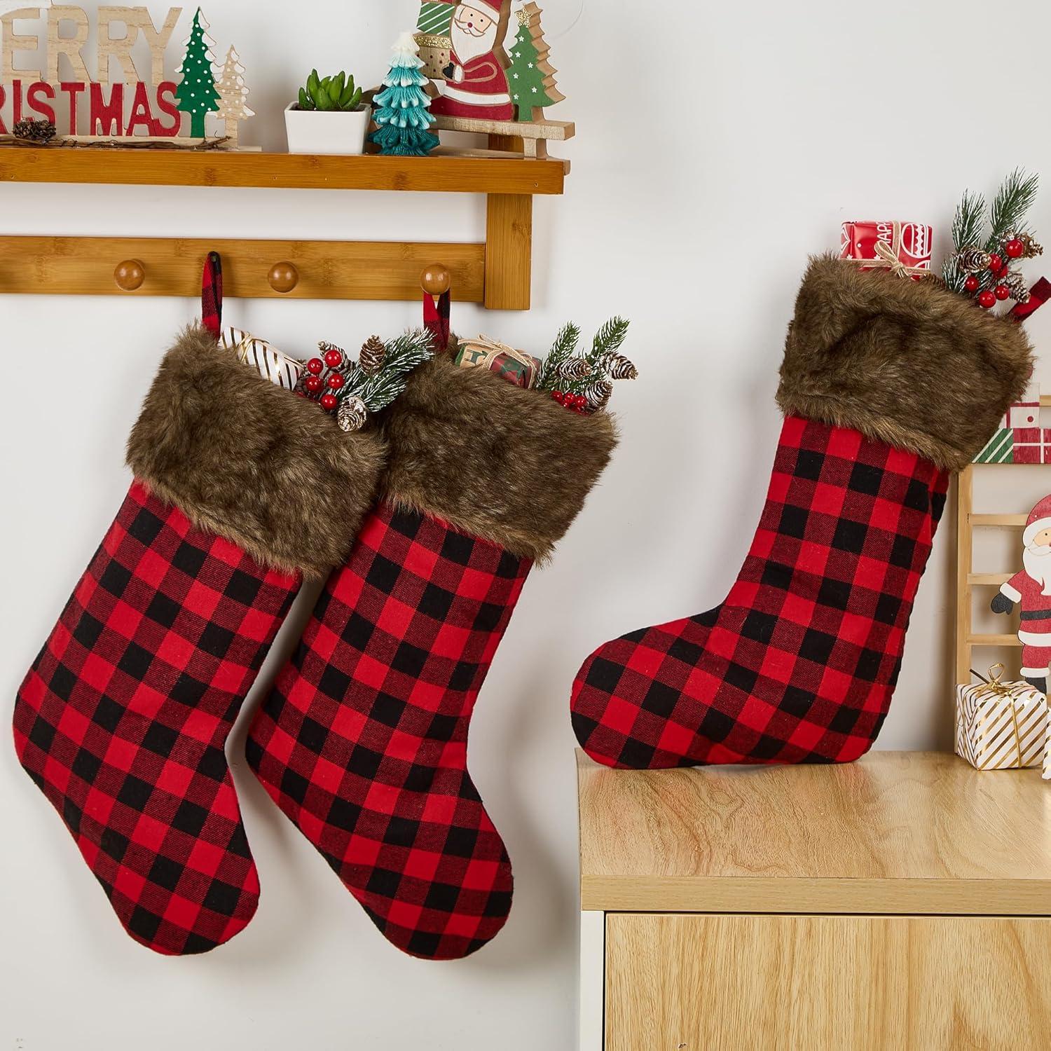 Chirstmas Stockings 3 Pack 18 Inch, Large Buffalo Plaid Xmas Stockings with Faux Fur Cuff, Country Rustic Holiday Indoor Decorations for Family