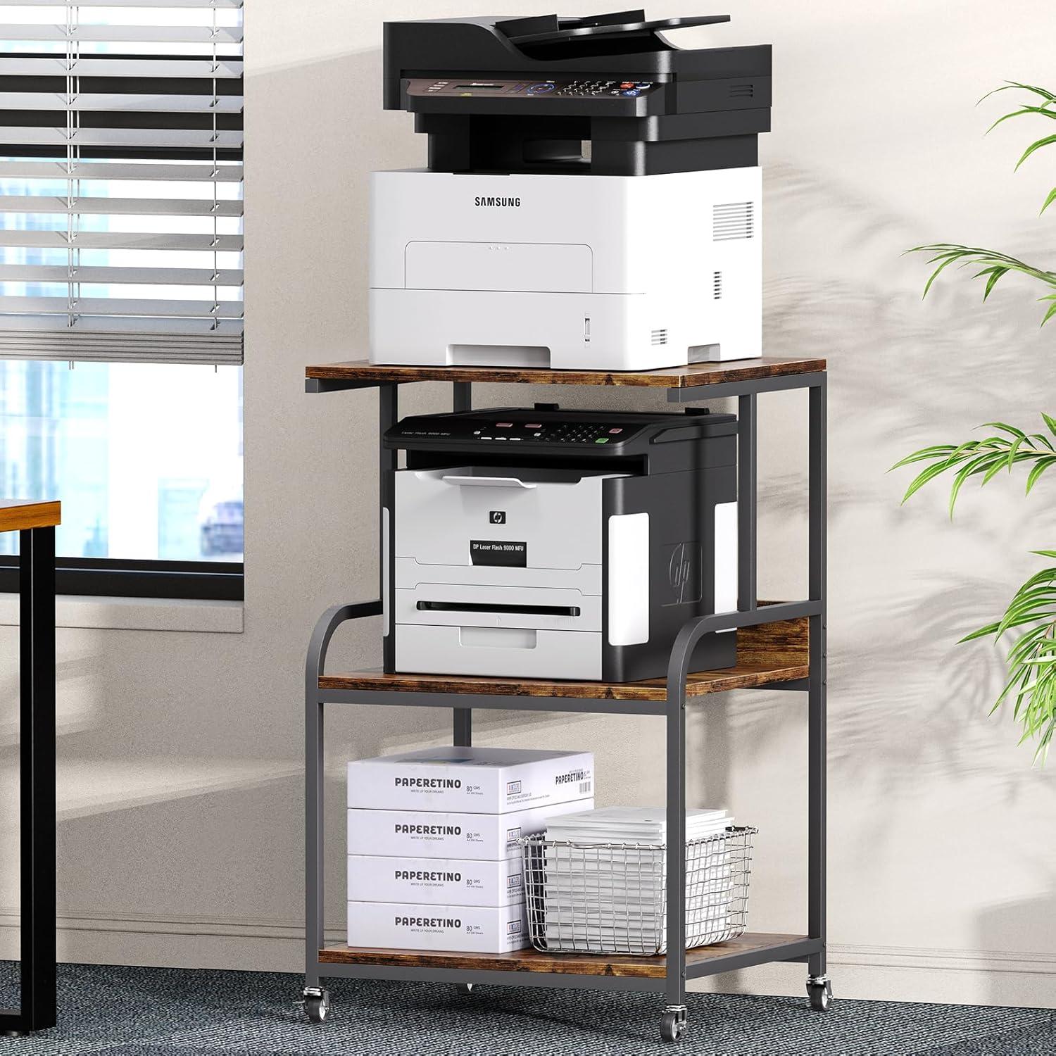 EasyCom 20''x15.7''Large Printer Stand-3 Tier Printer Table with Wheels- Printer Storage Cart- Rolling Printer Cart with Storage Shelf for Printer Scanner Fax Home Office Use- Rustic Brown