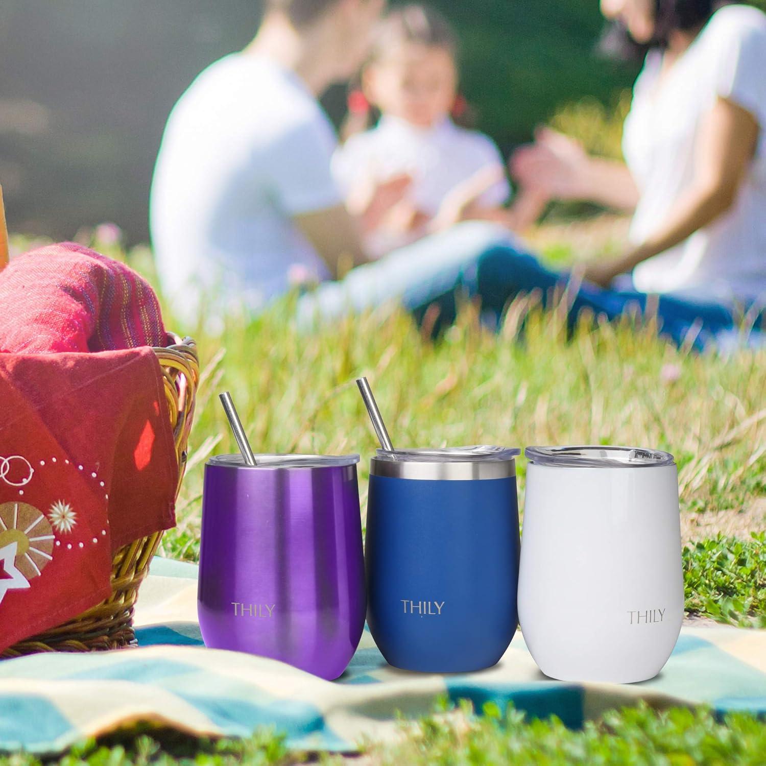 Stainless Steel Insulated Wine Tumbler - THILY 4 Pack Stemless Wine Glasses Set with Splash-proof Lids, Metal Straws, Reusable, Keep Cold for Coffee, Drinks, Cocktails, Christmas Gifts, Pearl White