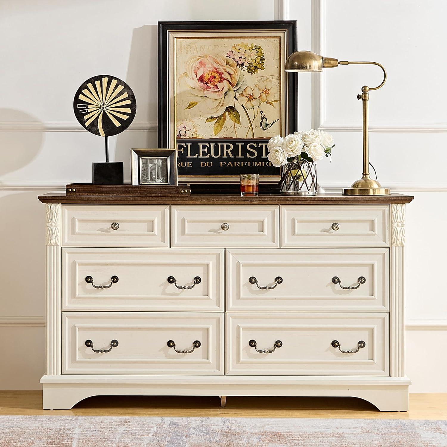 Aukfa Farmhouse 7 Drawers Dresser for Bedroom,Chest of 7 Drawers, Antique White