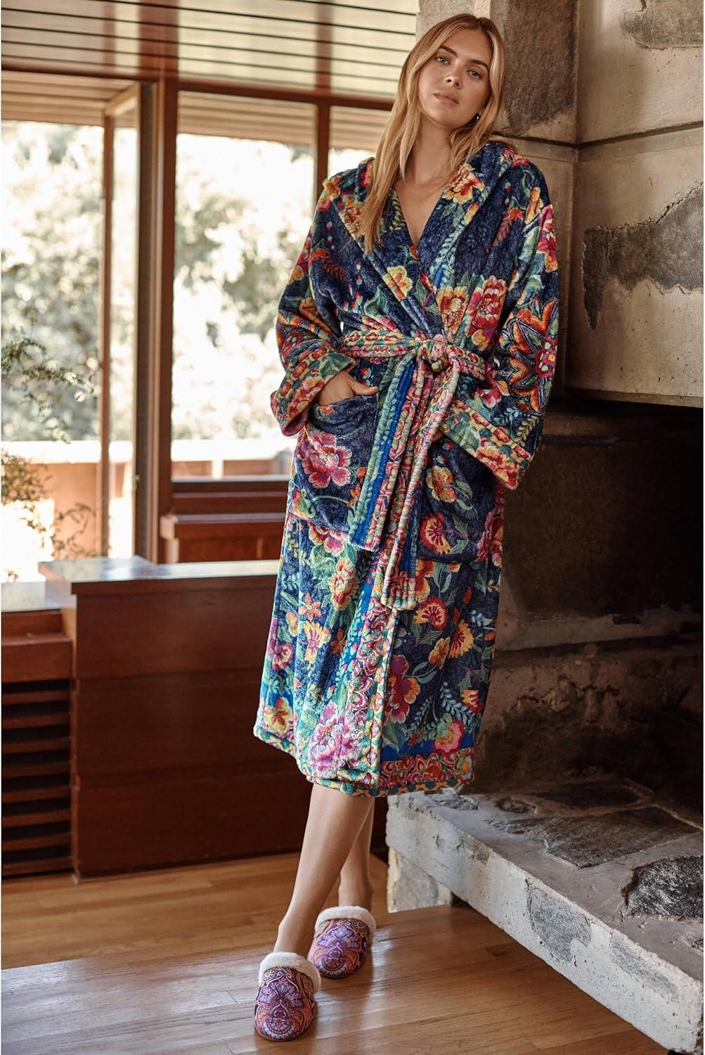 Floral Multicolor Polyester Cozy Robe with Belt and Pockets