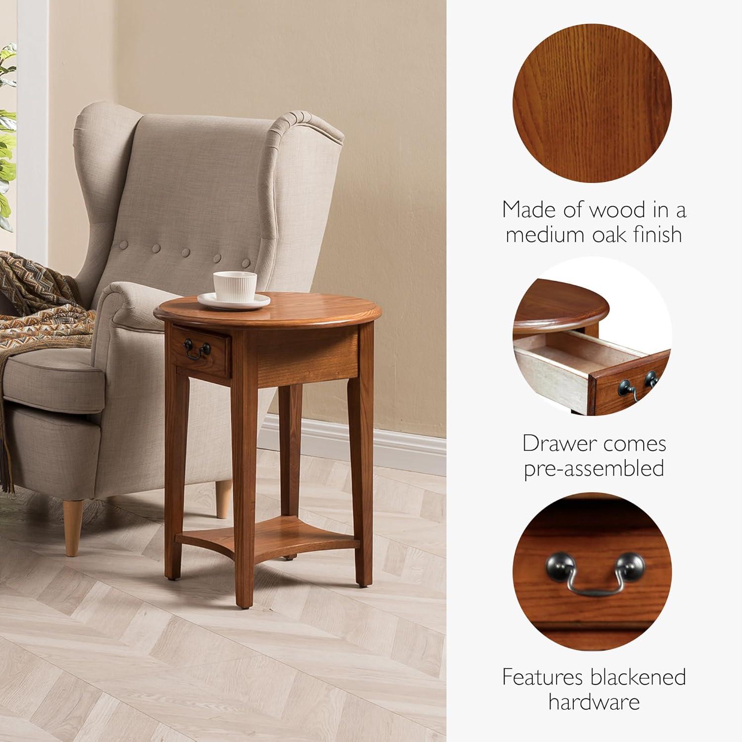 Leick Home 9042-MED One Drawer Oval Side Table with Shelf, Medium Oak