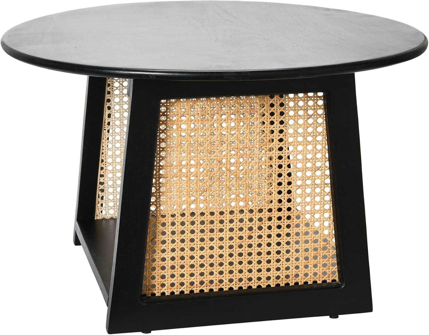 Storied Home Mango Wood and Cane Coffee Table with Shelf Black: Round, Modern, 25.75" Diameter