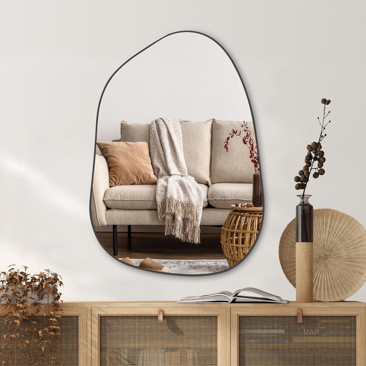 Asymmetrical Black Wood Framed Wall Mirror, 28''x20''