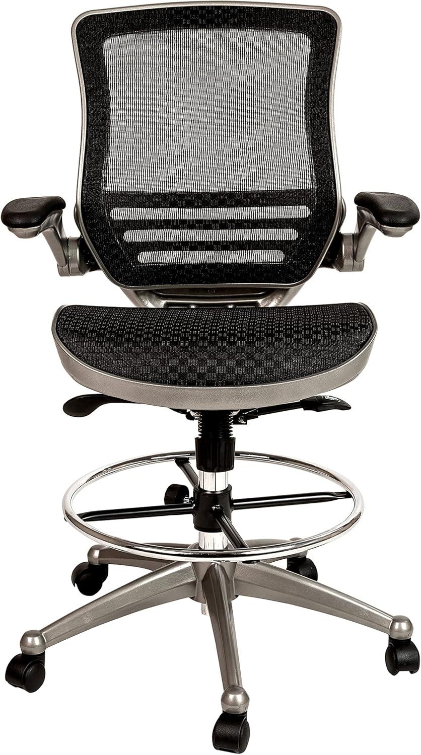 Flash Furniture Mid-Back Transparent Black Mesh Drafting Chair with Graphite Silver Frame and Flip-Up Arms