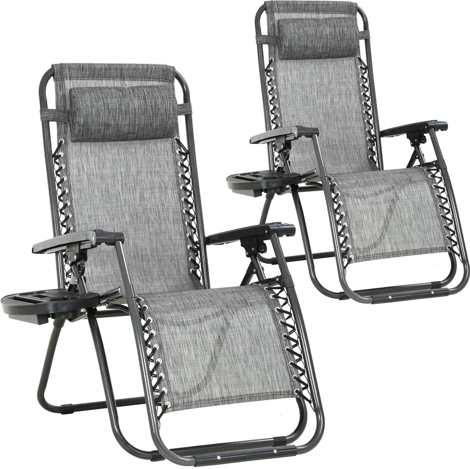 FDW Zero Gravity Chairs Set of 2 with Pillow and Cup Holder Patio  Outdoor Adjustable Dining Reclining Folding Chairs for Deck Patio Beach,Grey