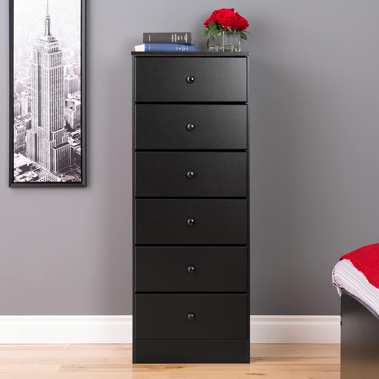 Sleek Deep Black Tall Dresser with Crystal Knobs and Spacious Drawers