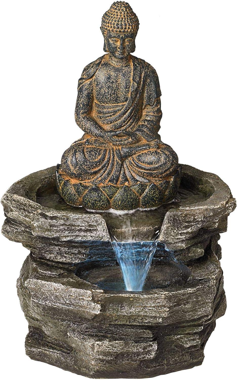 John Timberland Rustic Zen Buddha Outdoor Floor Water Fountain with Light LED 21" High Sitting for Yard Garden Patio Deck Home