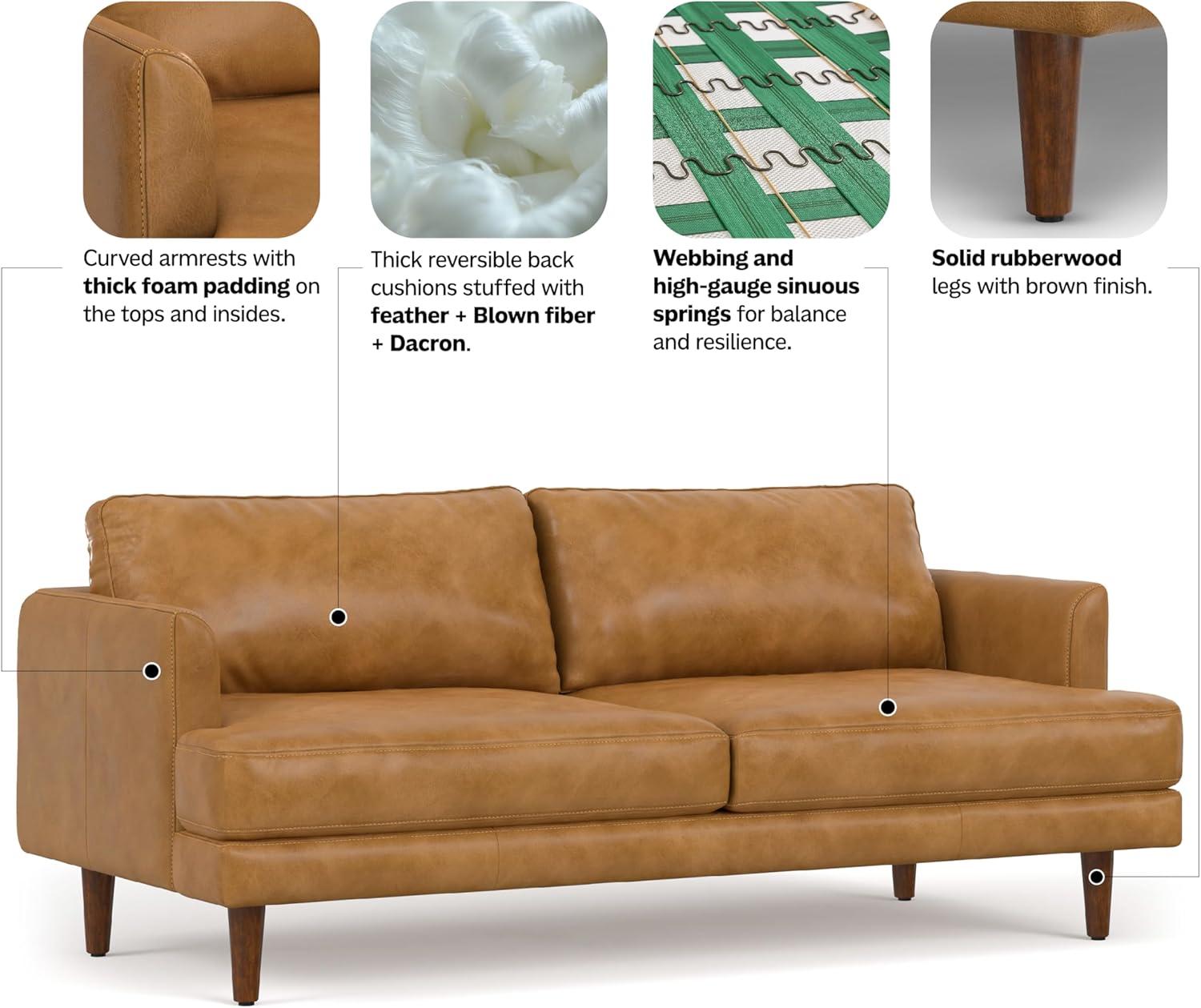 Simpli Home Livingston Genuine Leather Sofa Mid-Century Modern Couch for Living Room,Handcrafted with Removable Cushions