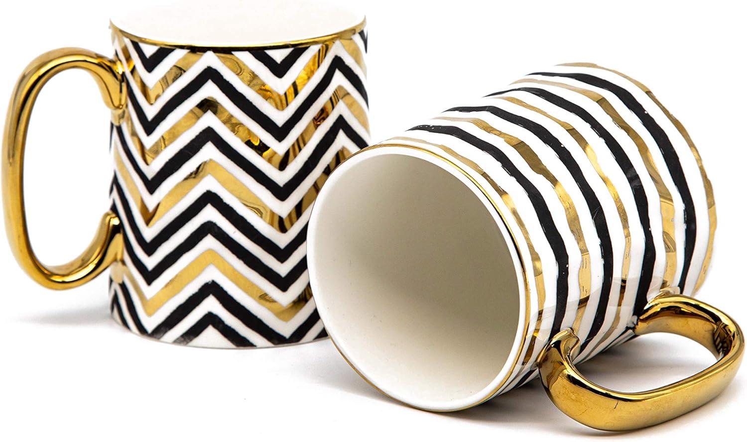 Black and Gold Geometric Ceramic Coffee Mugs, Set of 2