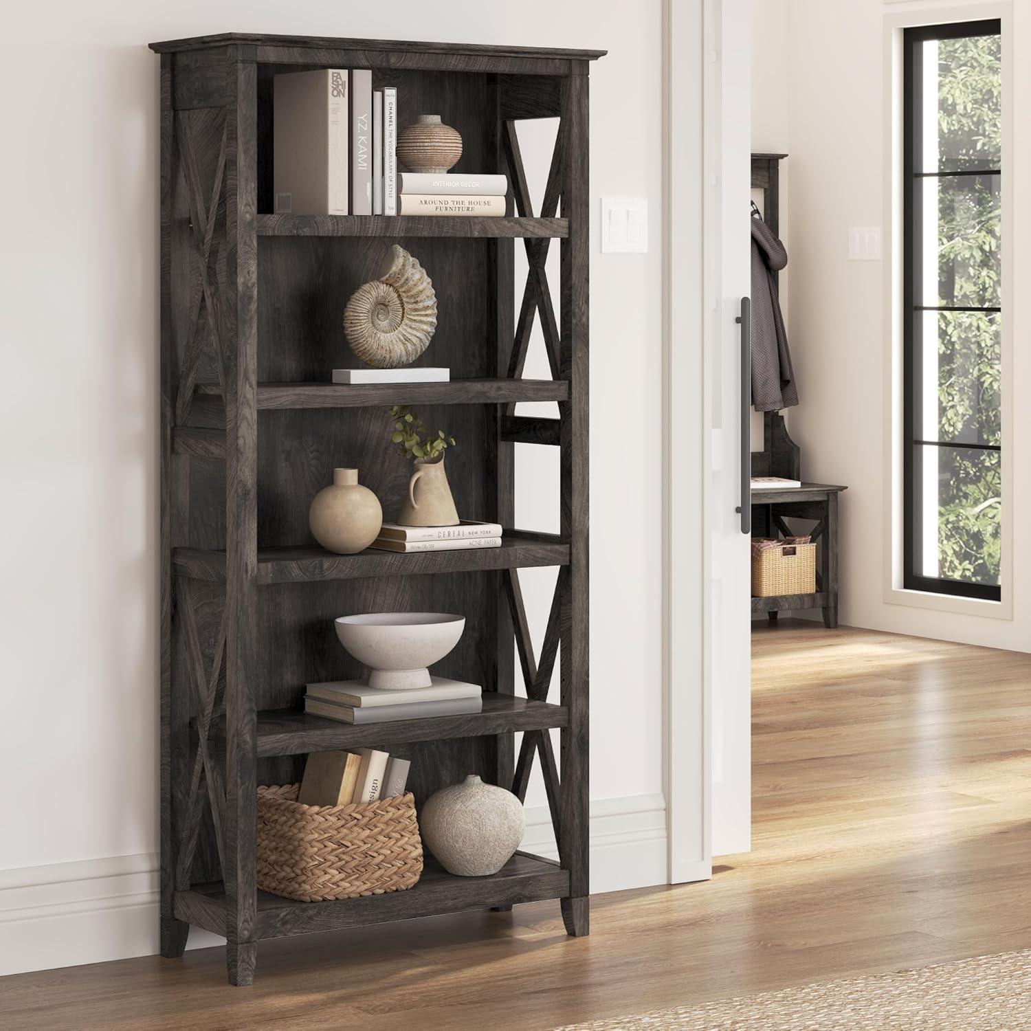 Casual Farmhouse Dark Gray Hickory Adjustable 5-Shelf Bookcase