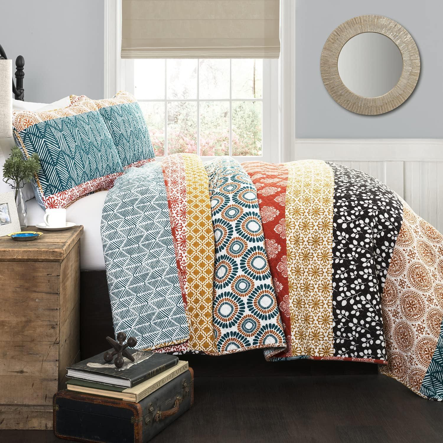 3pc Bohemian Stripe Reversible Oversized Cotton Quilt Bedding Set - Lush Décor