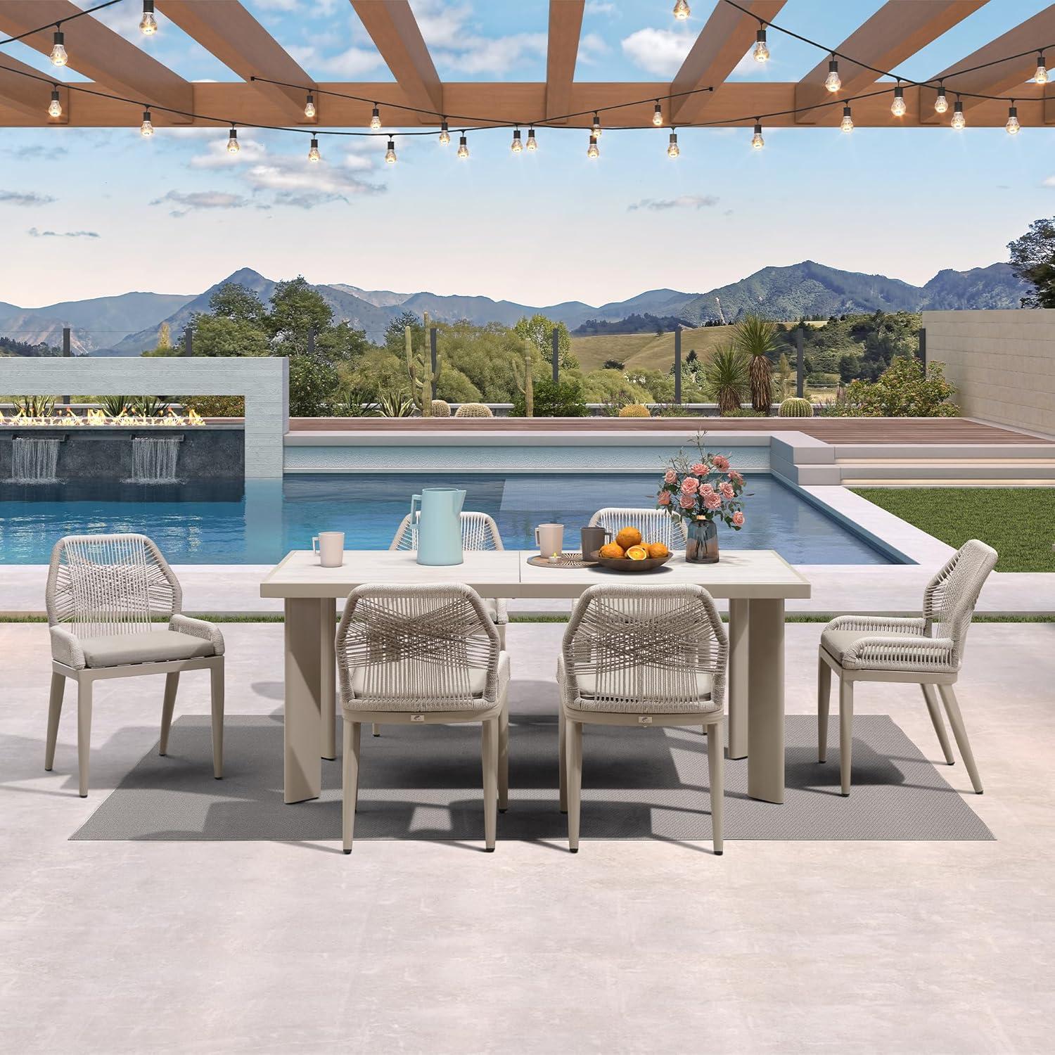 PURPLE LEAF 7 Pieces Patio Dining Set Aluminum Rectangular Table and Wicker Chairs with Cushions for Kitchen Porch Garden Modern Outdoor Furniture Sets, Beige and Dark Grey