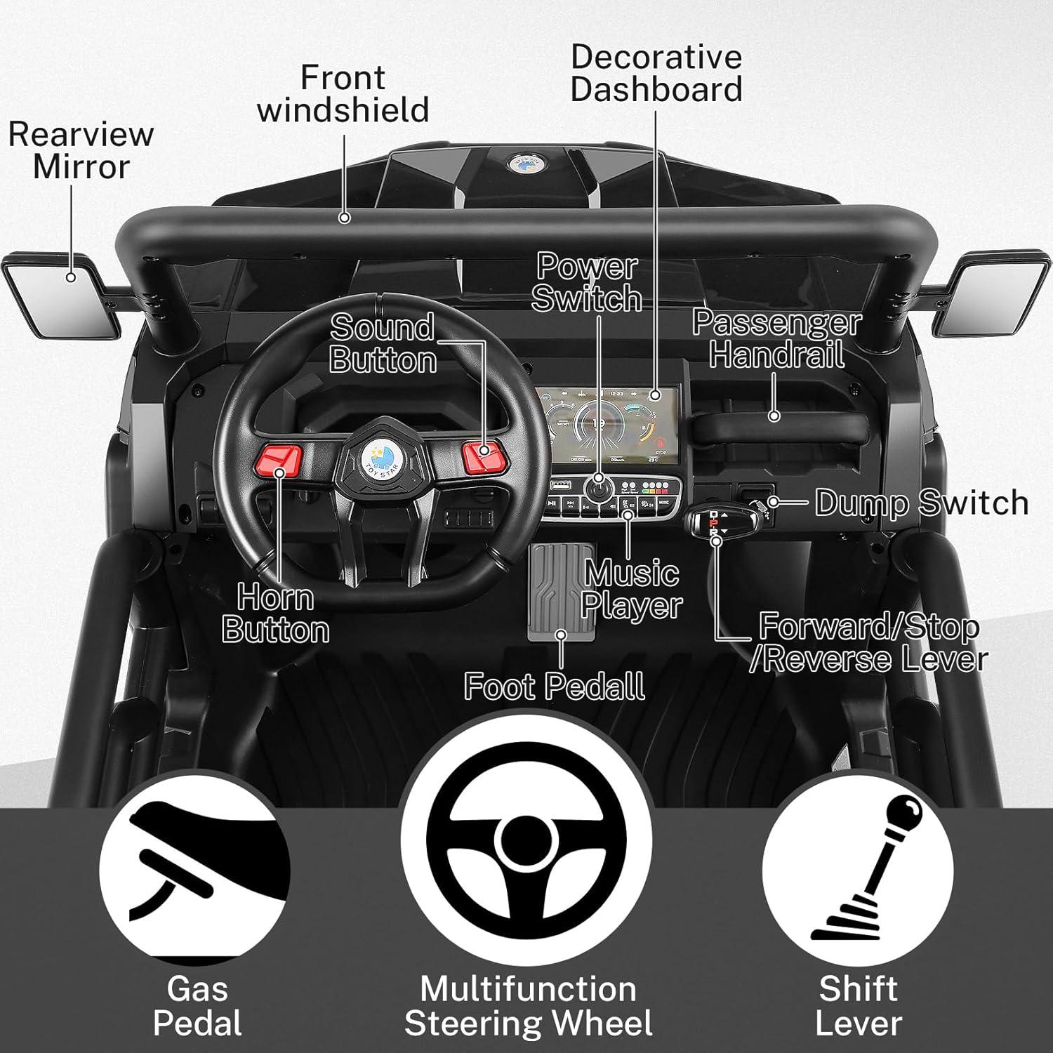 JOYRACER 24V 2 Seater Ride On Dump Truck with Remote Control , Electric UTV Car with Electric Dump Bed, 4WD Power Ride Cars W/6 Wheels Ride On Toys with Shovel Music Player