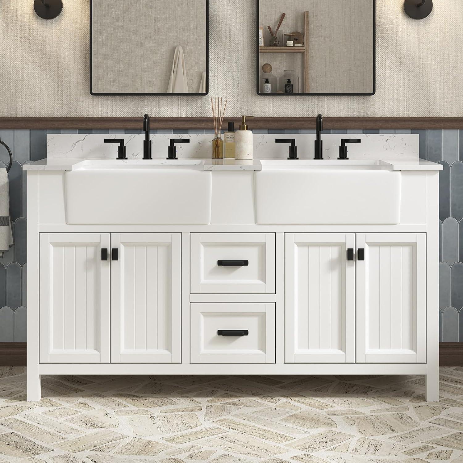 Richfield 60-inch White Painted Freestanding Double Sink Bathroom Vanity