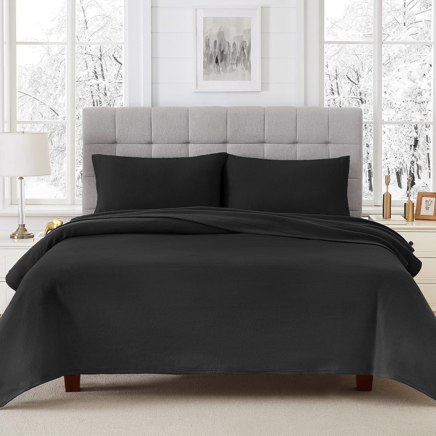 Black Full Deep Pocket Flannel Bed Sheet Set