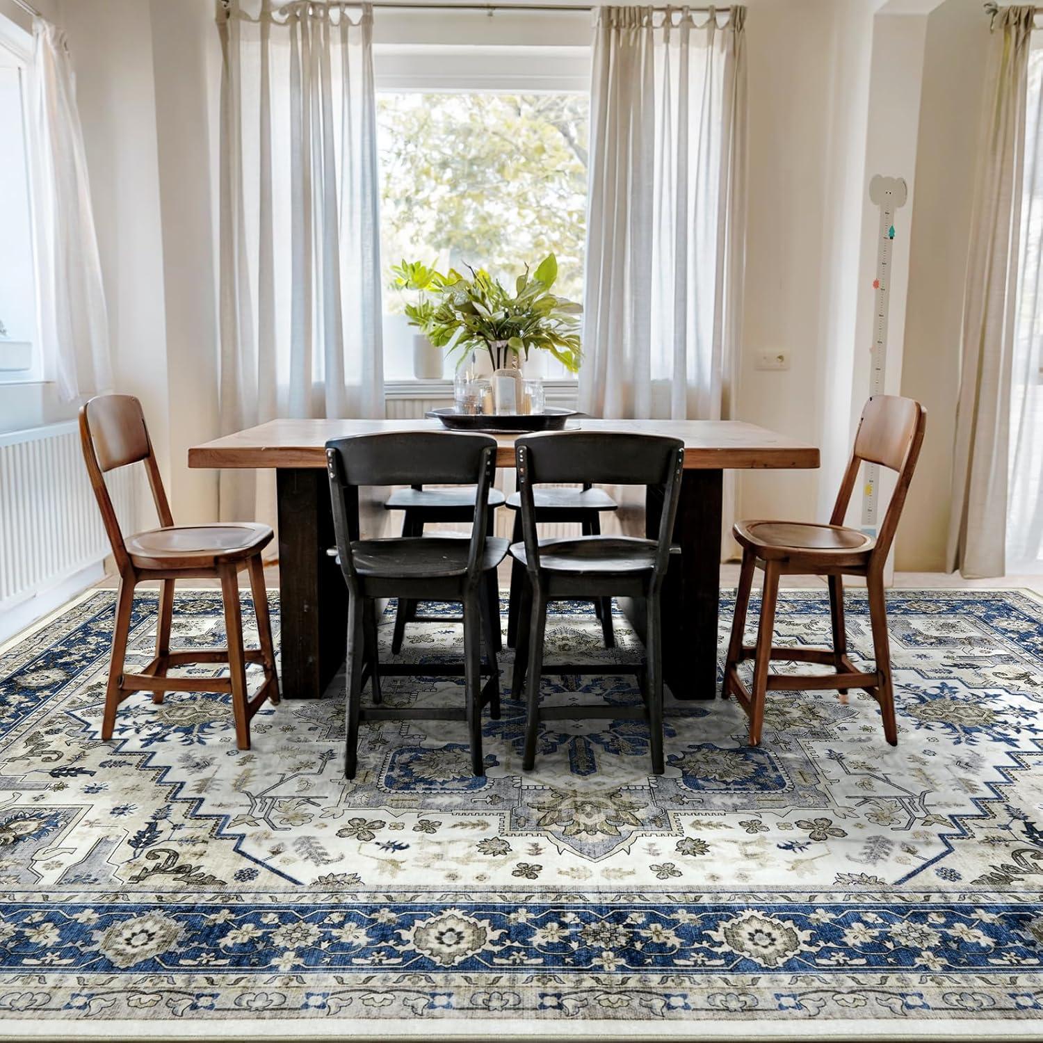 GlowSol 8x10 Floral Area Rug for Living Room Bedroom Retro Distressed Area Rug Traditional Medallion Non-Slip Low Pile Carpet Floor Decoration, Blue